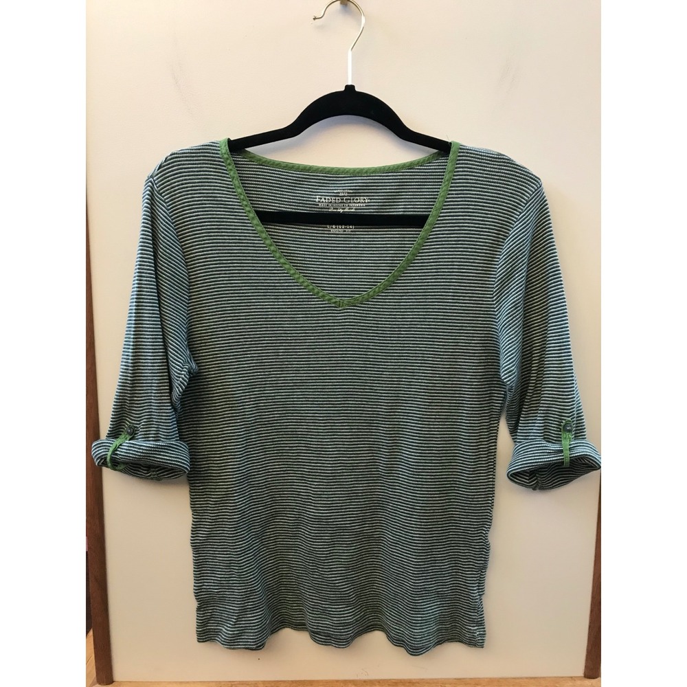 Faded Glory Striped V-Neck Top Womens L 12-14 Green Roll Tab Sleeve